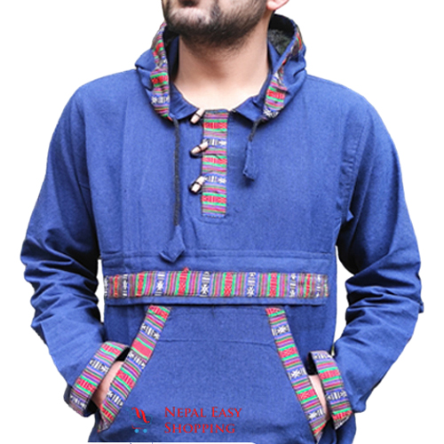 Navy Blue Hooded Bhutani Shirt For Men